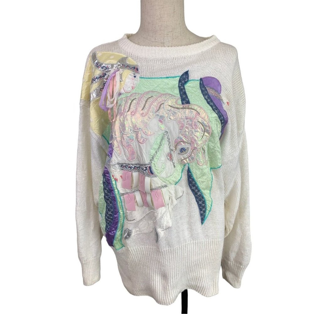 Vintage Bonnie & Bill Sweater Small Pastel Metallic Horse Fairy Kei Embroidered‎